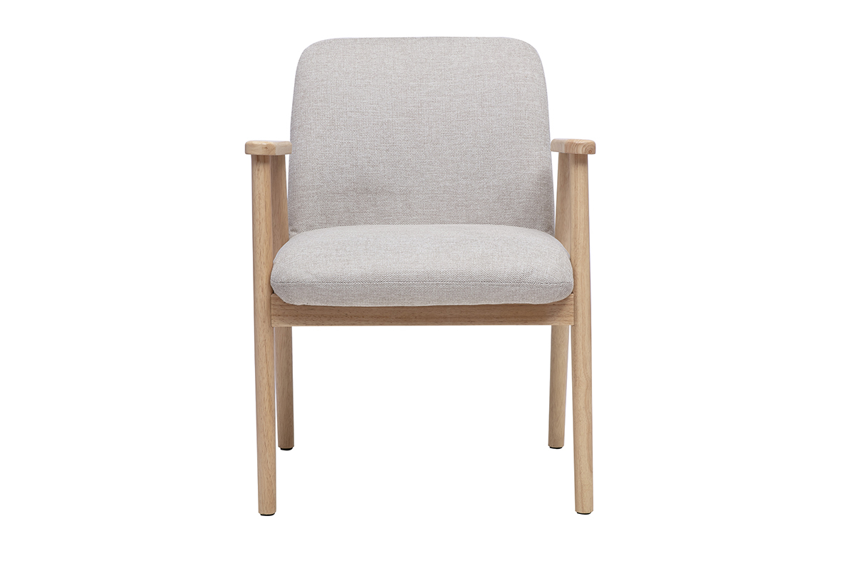 Silla de tela beige con efecto terciopelo y estructura de madera clara, vista frontal
