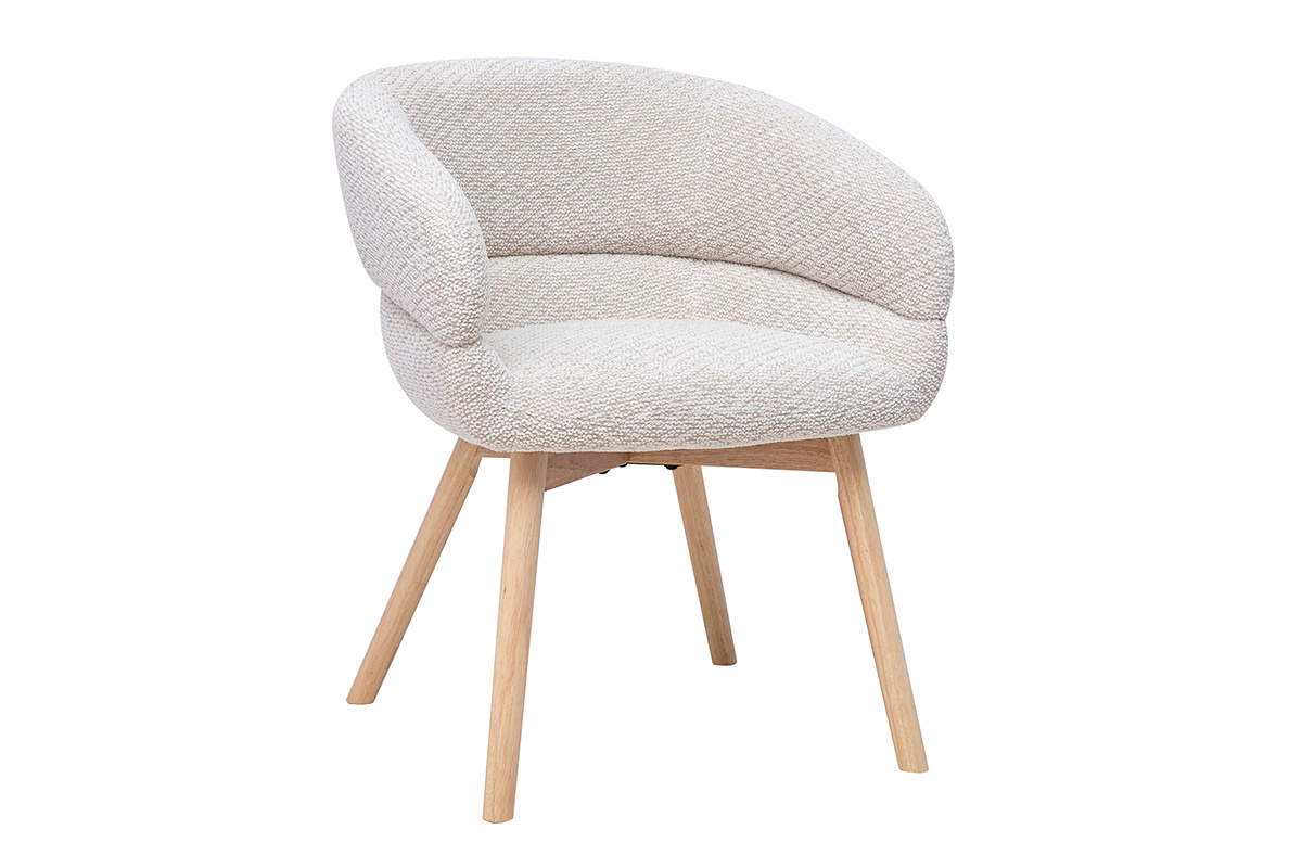 Silla de tela terciopelo chenilla beige con patas de madera clara, vista en tres cuartos.