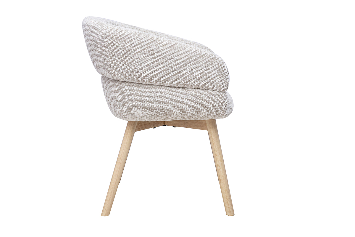 Silla TIGGY de tela terciopelo chenilla beige, vista de perfil con patas de madera clara.