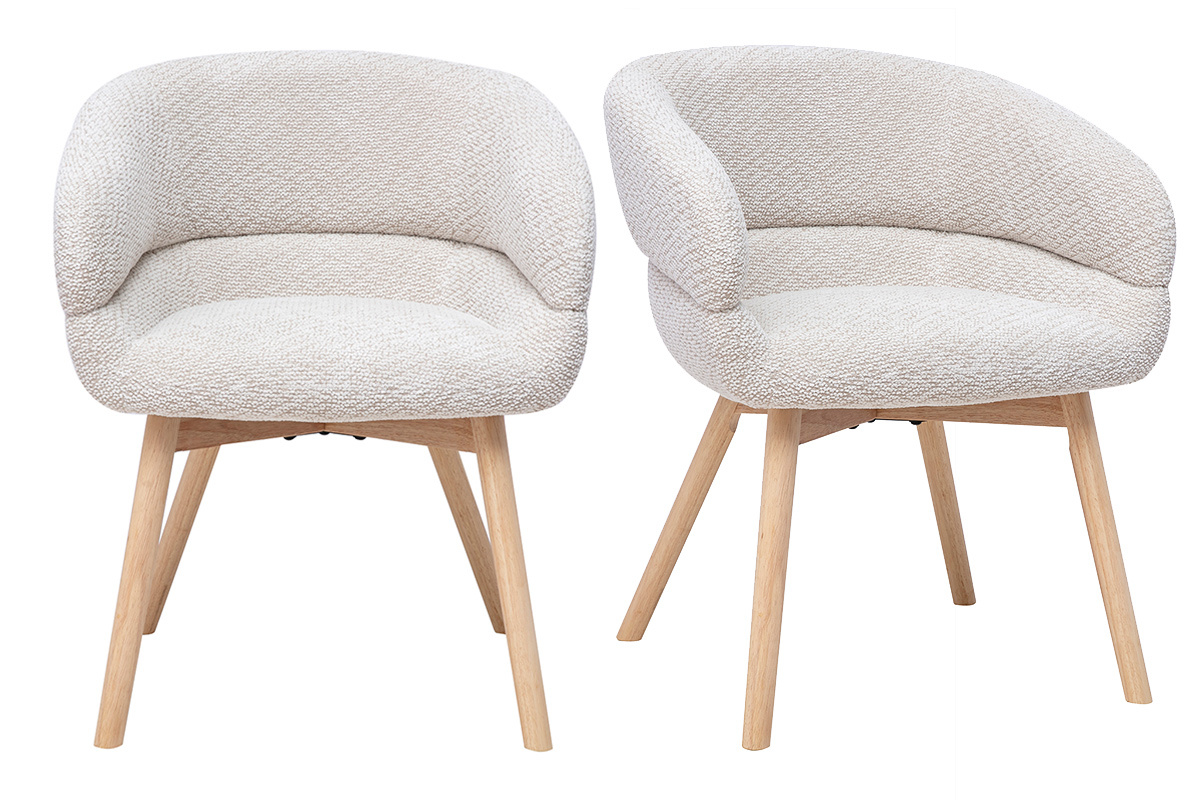 Sillas de tela terciopelo chenilla beige y madera clara, vista frontal, lote de 2.
