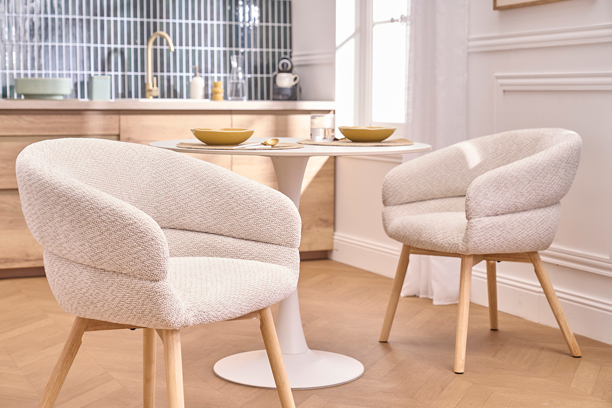 Sillas de tejido de terciopelo chenilla beige y madera clara (lote de 2) TIGGY
