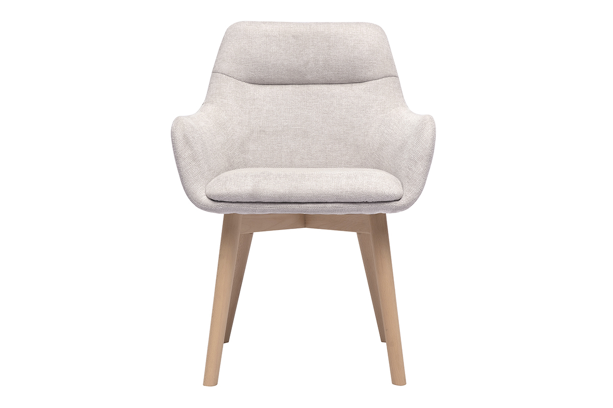Silla efecto terciopelo beige y patas de madera clara, vista de frente.
