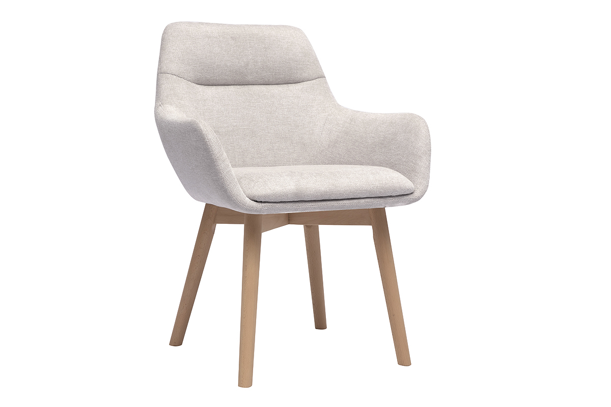 Silla de tela beige efecto terciopelo con patas de madera clara, vista de 3/4.