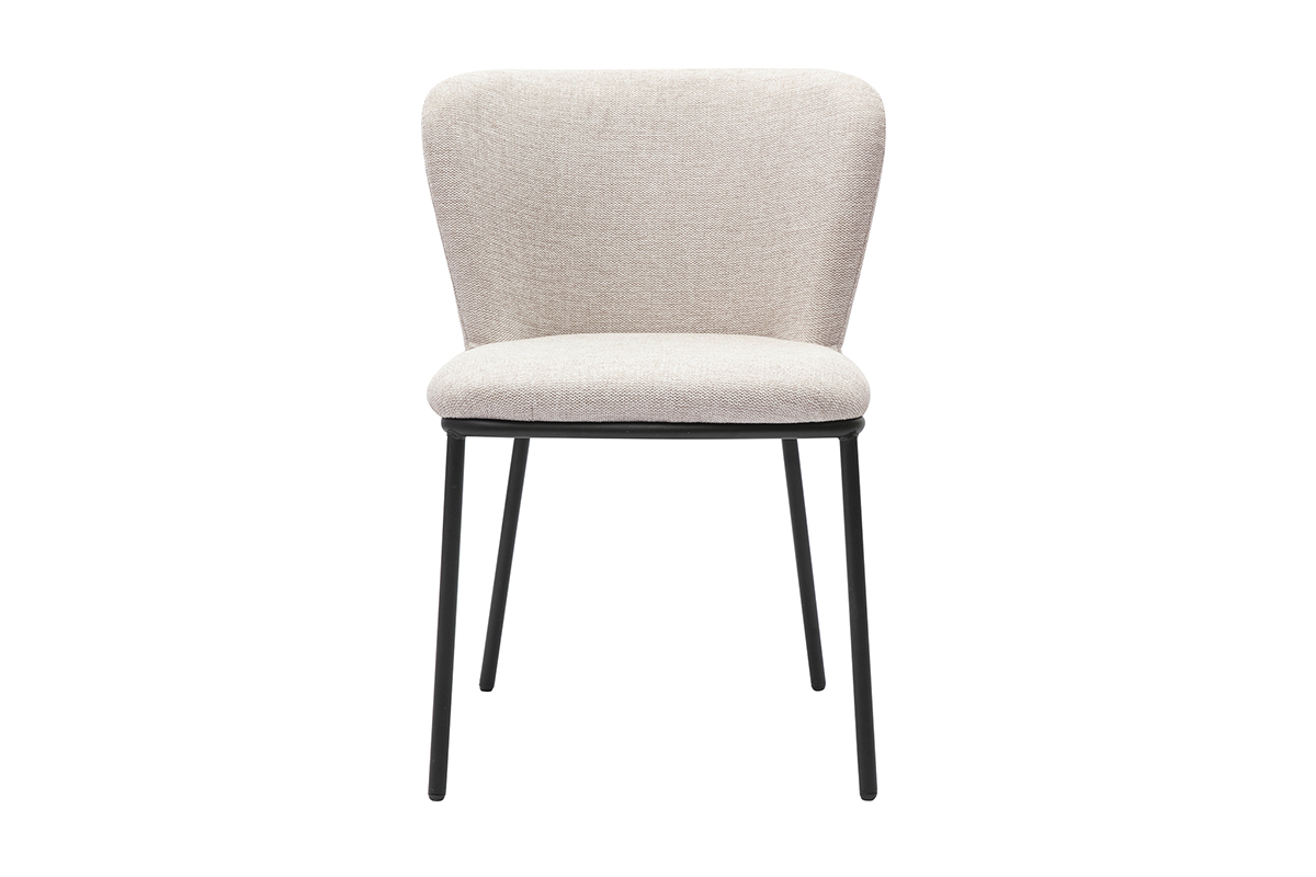 Silla LISOR en tejido beige con efecto terciopelo texturizado y patas de metal negro, vista frontal.