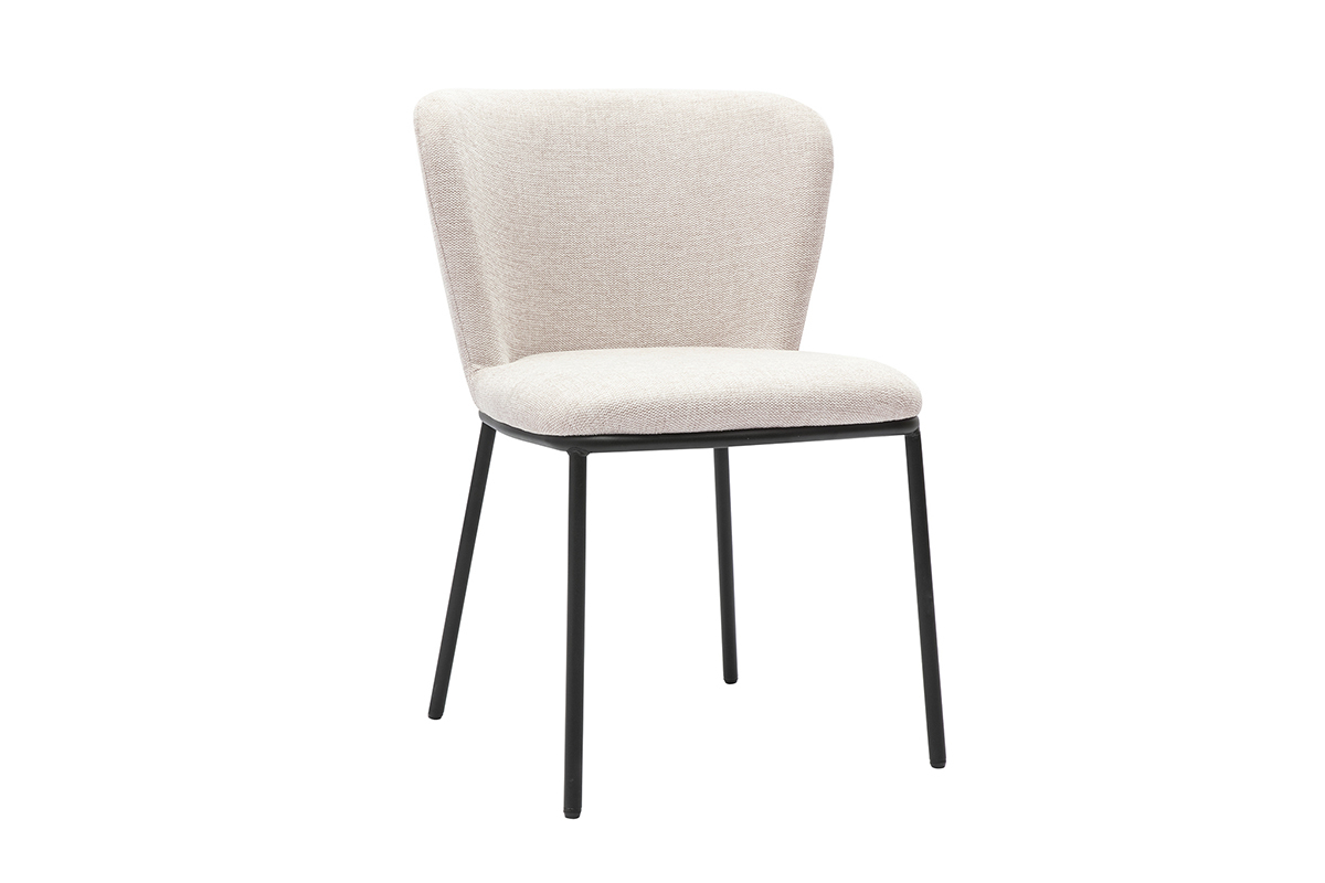 Silla de tela con efecto terciopelo texturizado beige con estructura de metal negro, vista en 3/4.