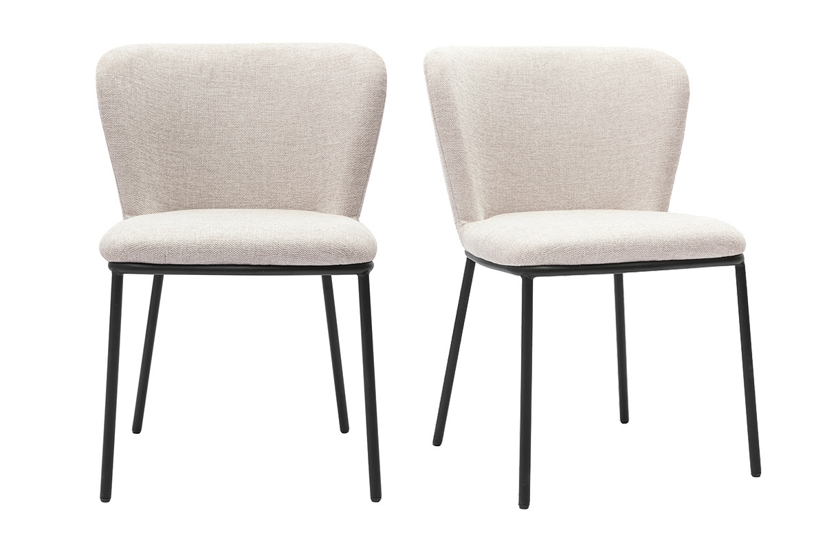 Juego de 2 sillas de tela con efecto terciopelo texturizado beige y metal negro, vista frontal.