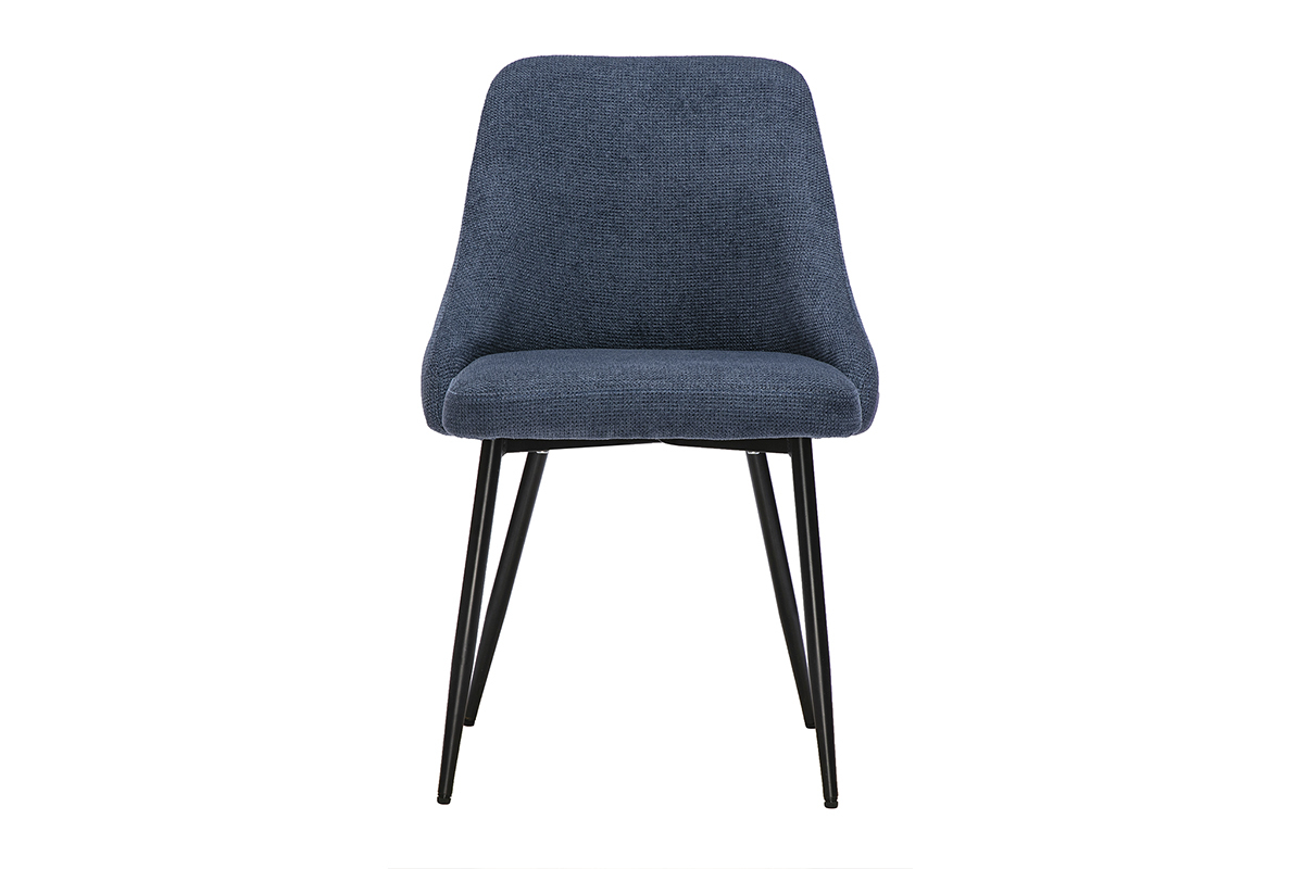 Silla de tela chenilla azul oscuro con base de metal negro, vista frontal.