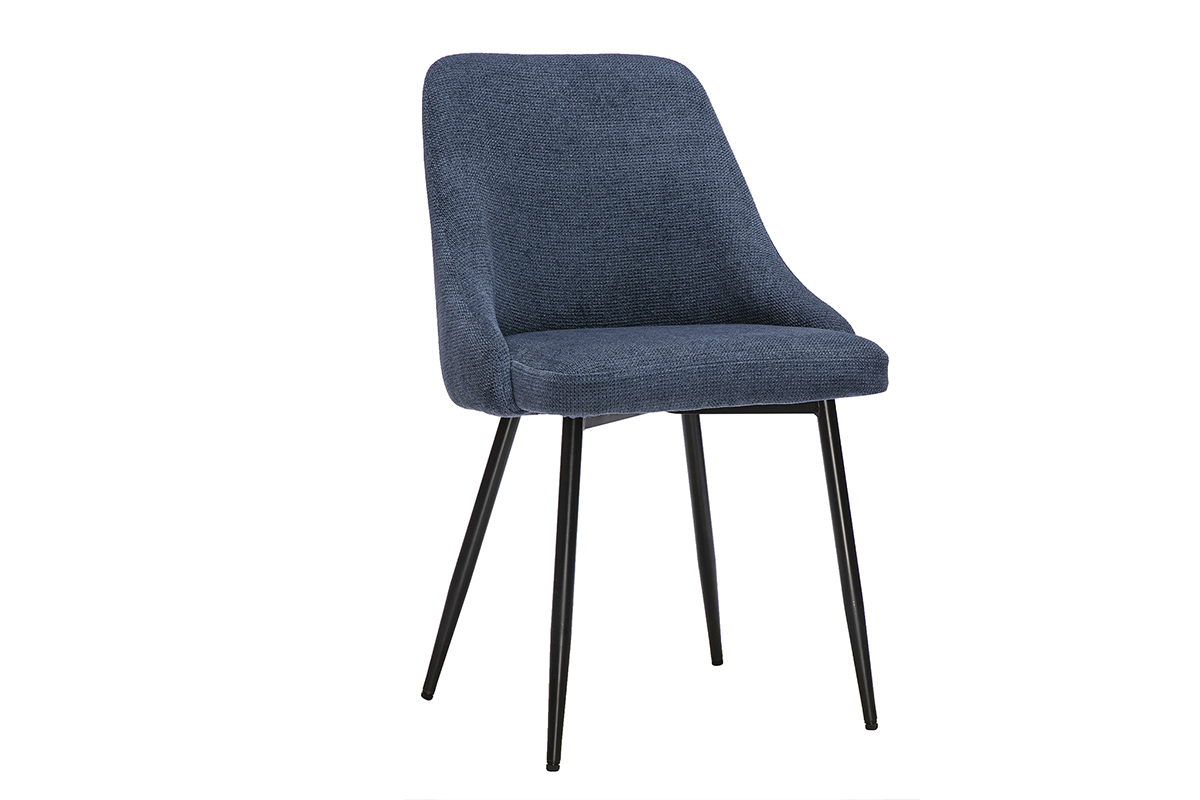 Silla de tela de chenilla azul oscuro con base de metal negro, vista en 3/4.