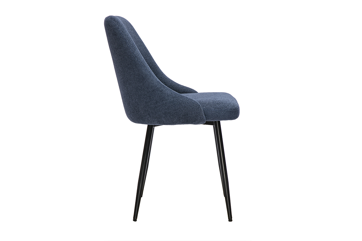 Silla de tela chenilla azul oscuro con estructura de metal negro, vista de perfil.