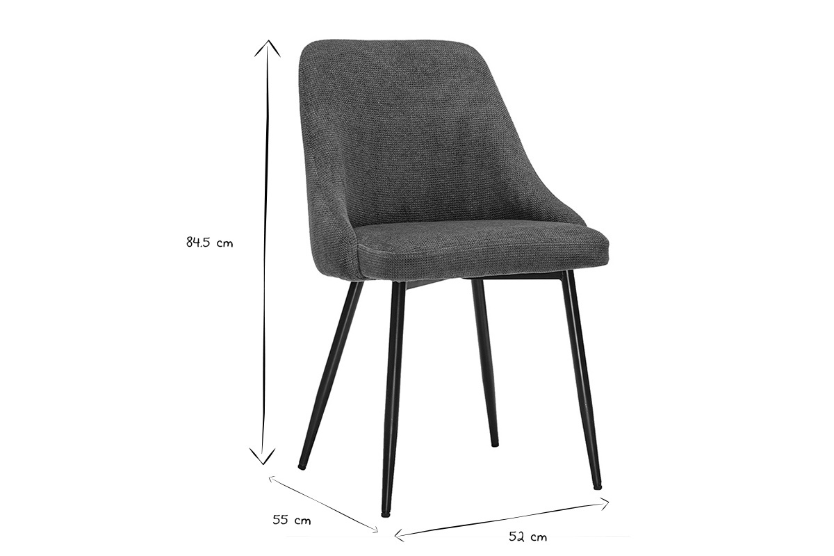 Dimensiones de una silla HASTA: altura 84,5 cm, anchura 55 cm, profundidad 52 cm, en negro y blanco