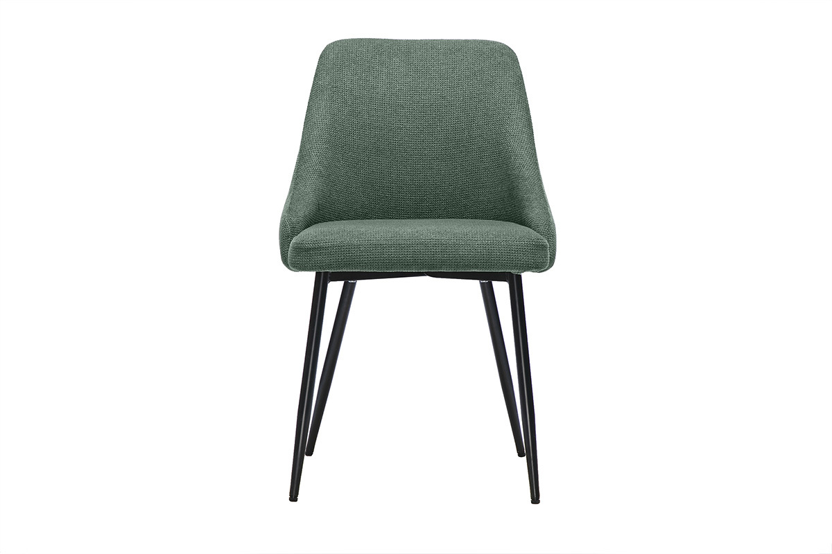 Silla de tela de chenilla verde caqui con base de metal negro, vista frontal.