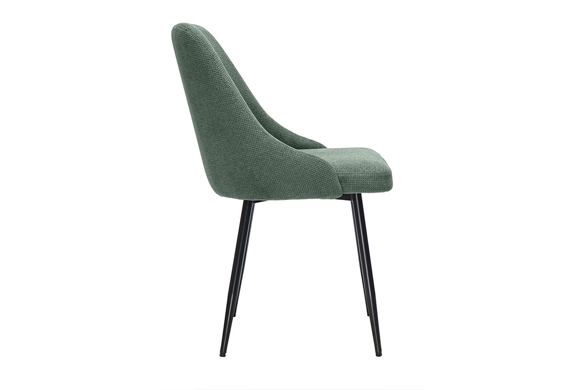Silla de tela chenilla verde caqui con base de metal negro, vista de perfil