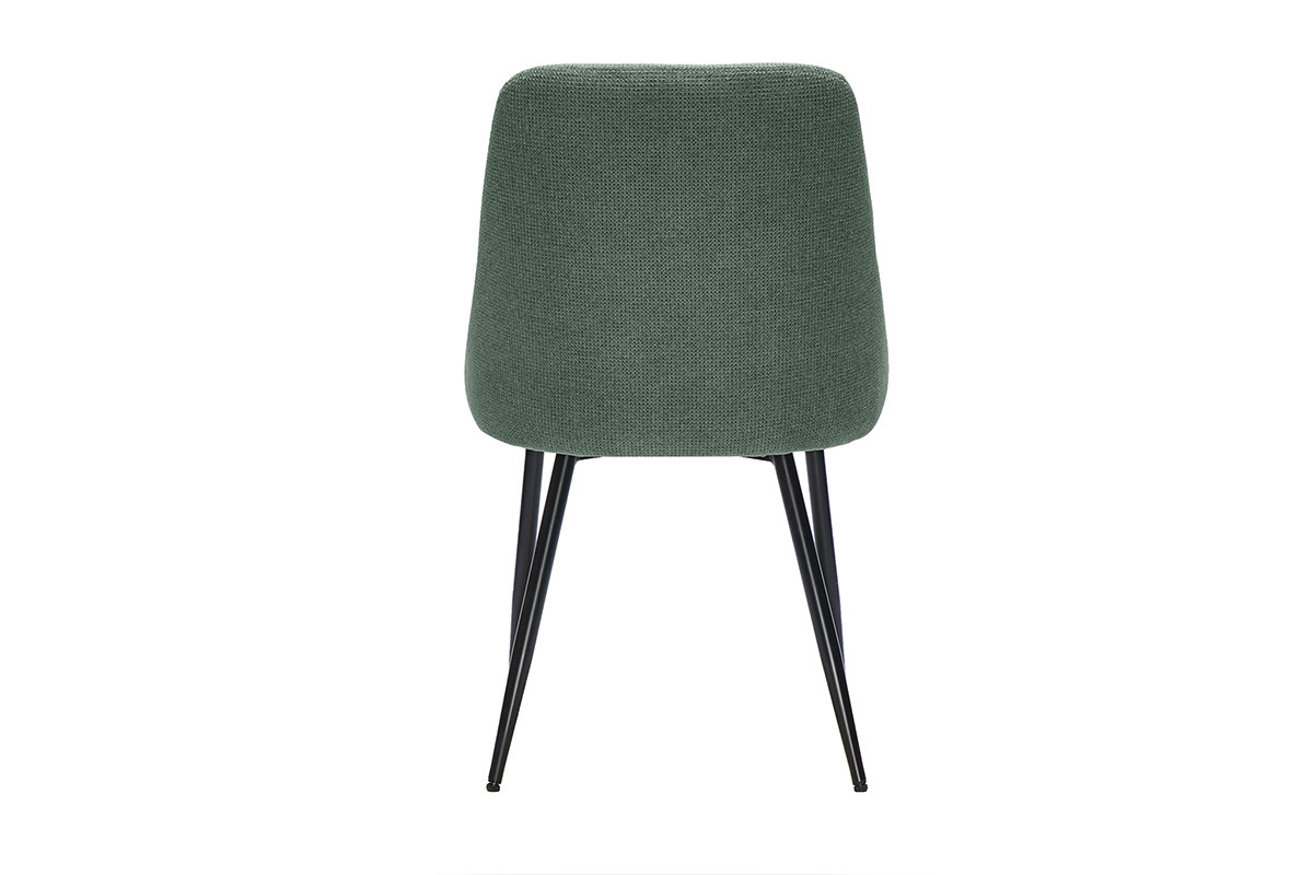Vista trasera de una silla de tejido chenilla verde caqui con patas de metal negro, modelo HASTA.