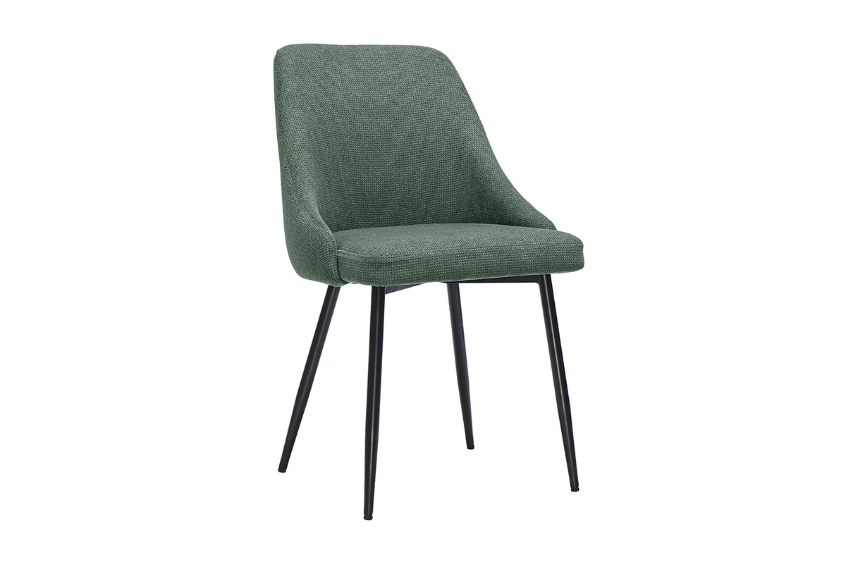 Silla de tela chenilla verde caqui con base de metal negro, vista en 3/4.