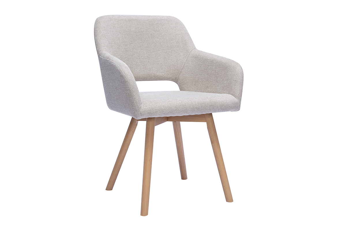 Silla de tela beige con efecto de terciopelo texturizado, con reposabrazos y patas de madera clara