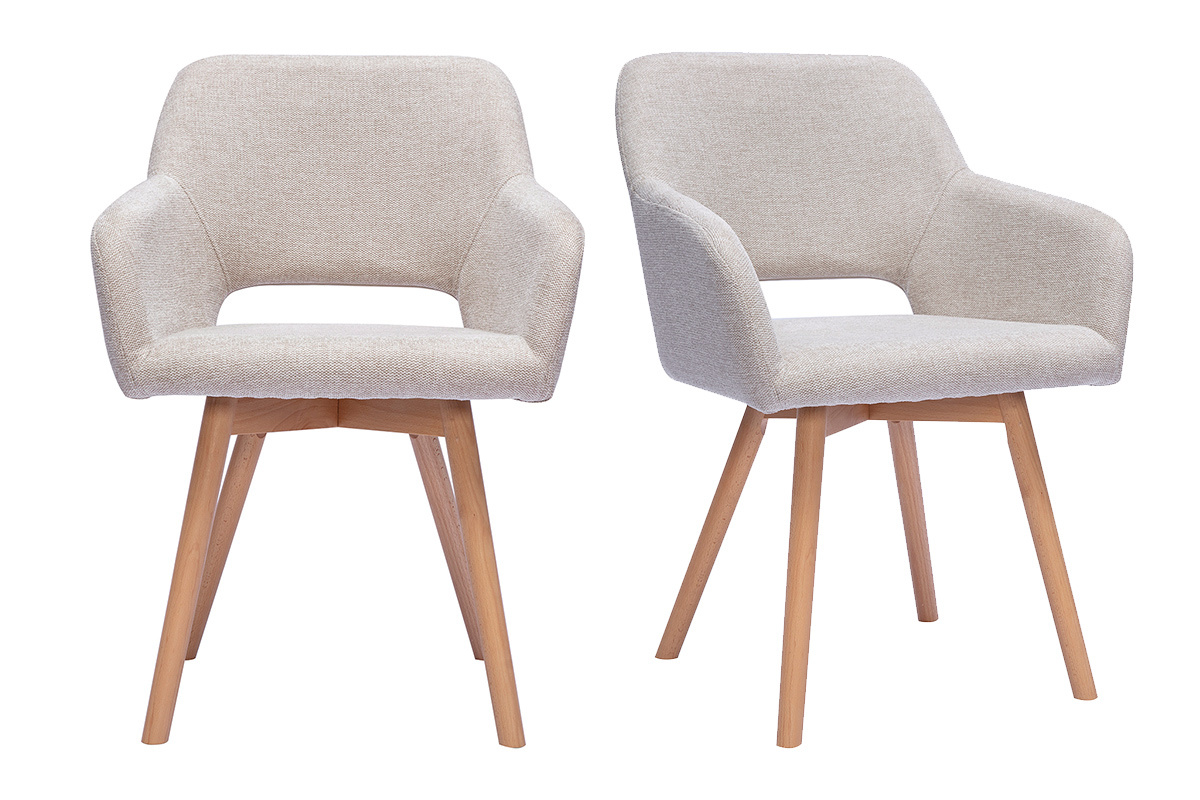 Lote de 2 sillas de tela con efecto terciopelo texturizado beige y madera clara, vista frontal.