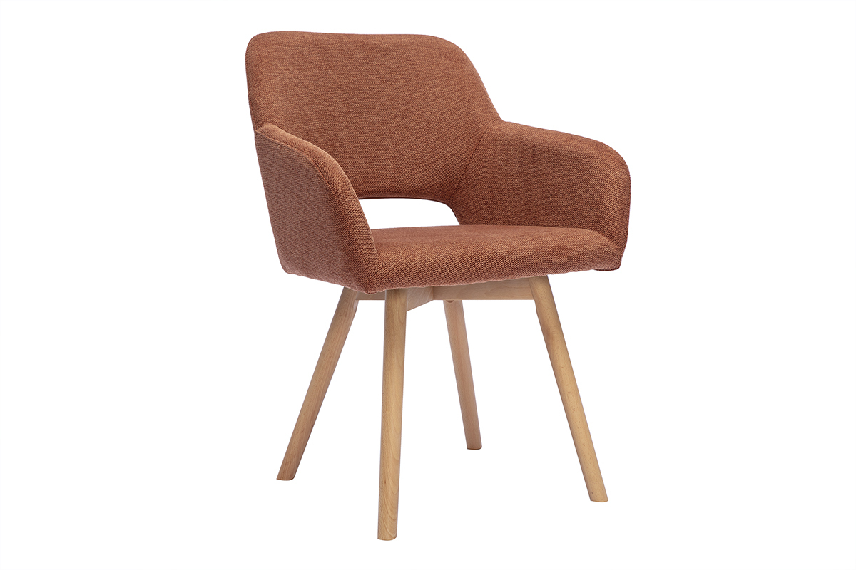 Silla LAURETTE en tejido de terciopelo color tierra quemada con reposabrazos y patas de madera clara, vista en 3/4