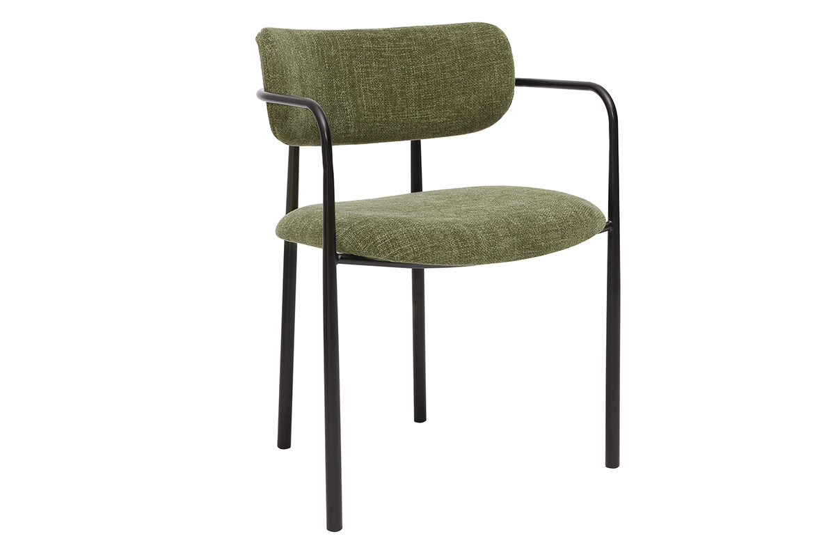 Silla de tela verde caqui y metal negro vista de 3/4.