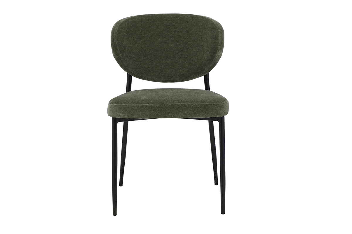 Silla de tela efecto terciopelo verde caqui con patas de metal cromado, vista frontal
