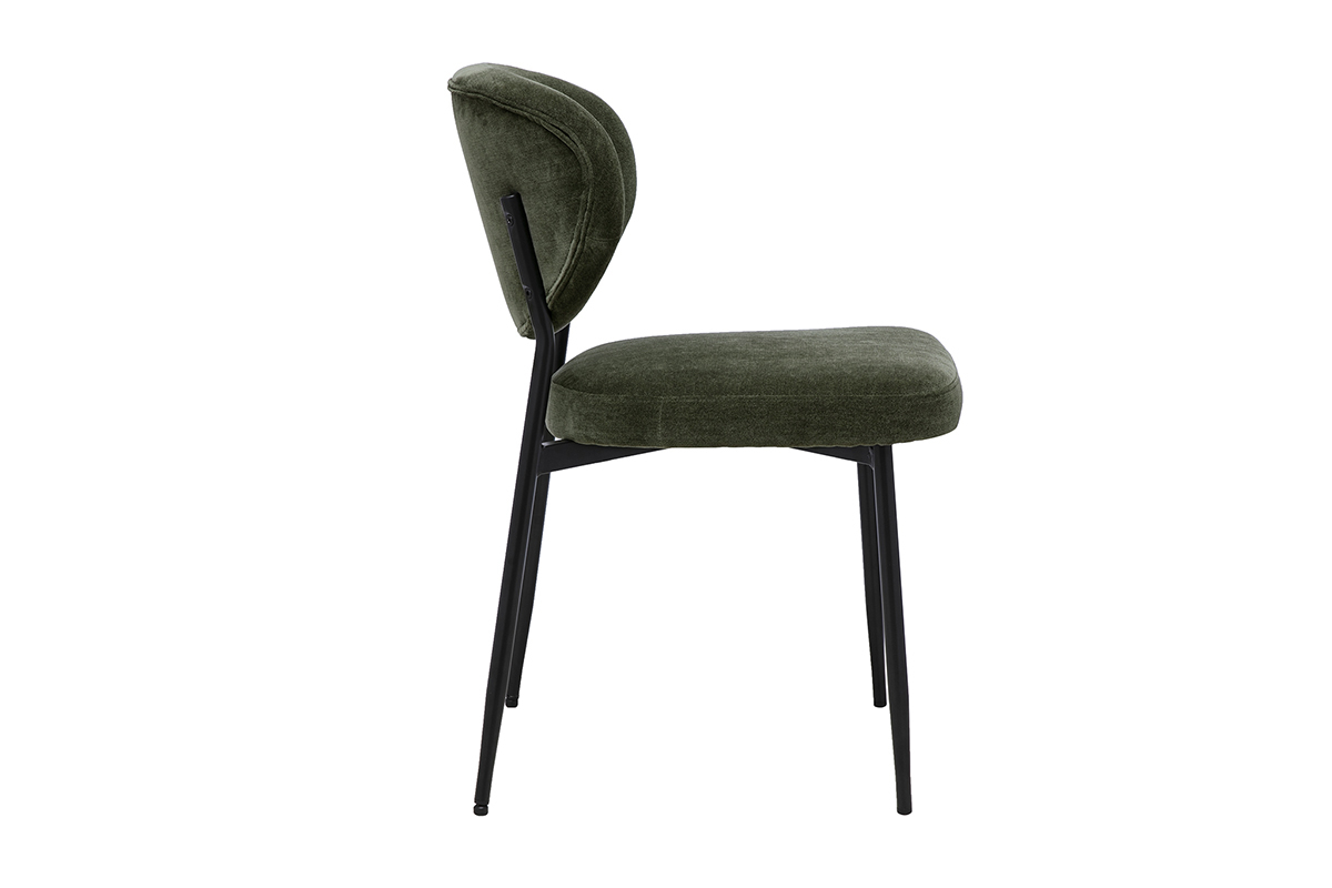 Silla de tela de terciopelo verde caqui vista de perfil con base de metal cromado