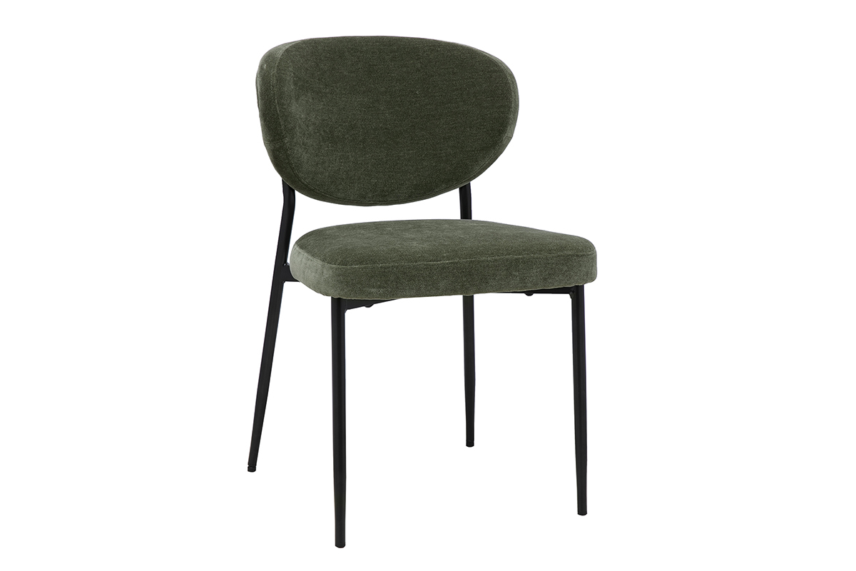 Silla de tela con efecto terciopelo verde caqui con base de metal cromado, vista de 3/4