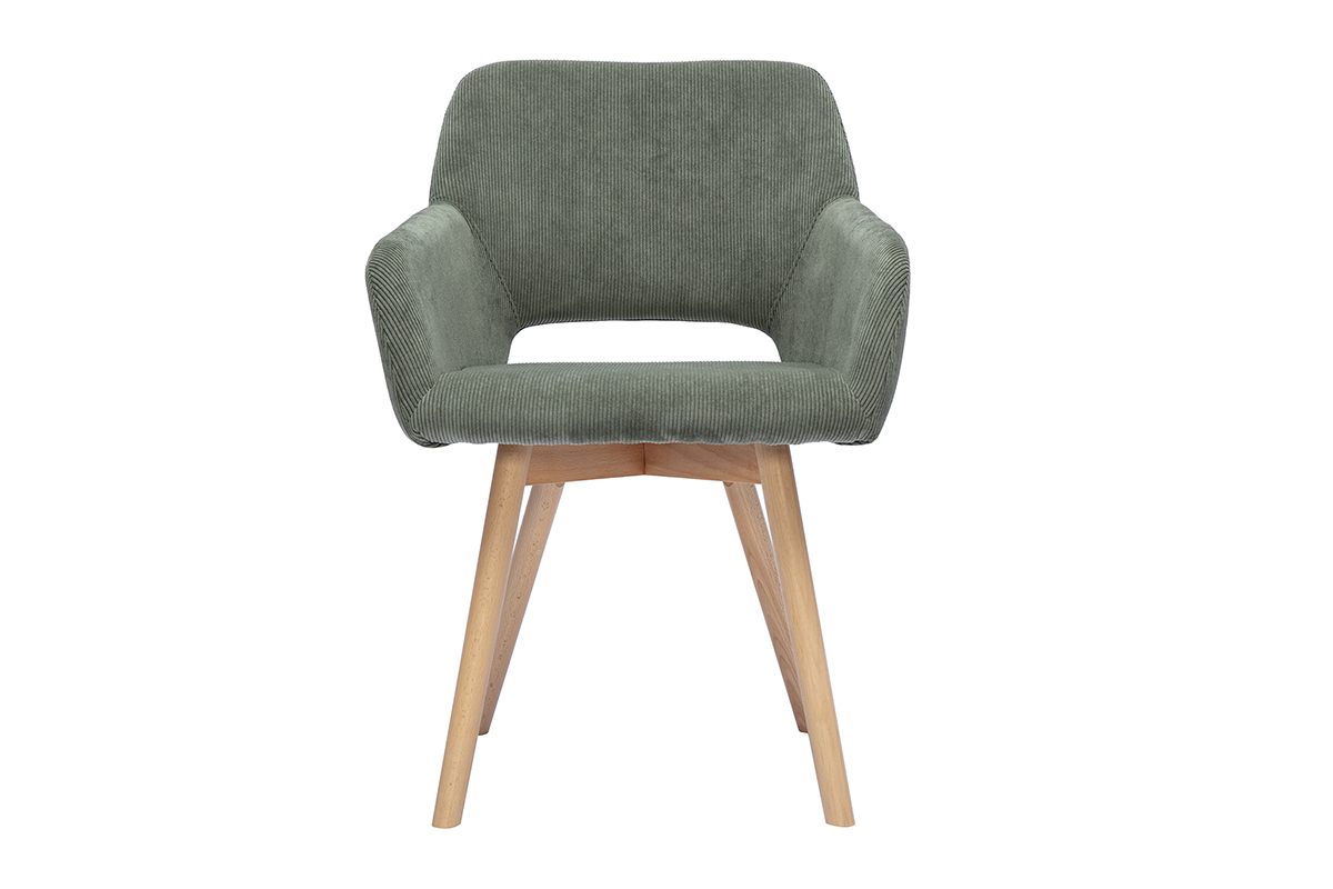 Silla de tela de pana verde caqui y madera clara, vista frontal