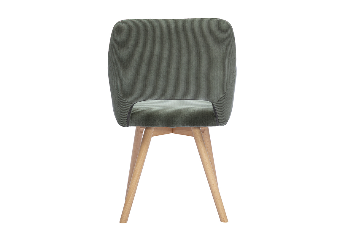 Silla de pana caqui con patas de madera clara, vista trasera