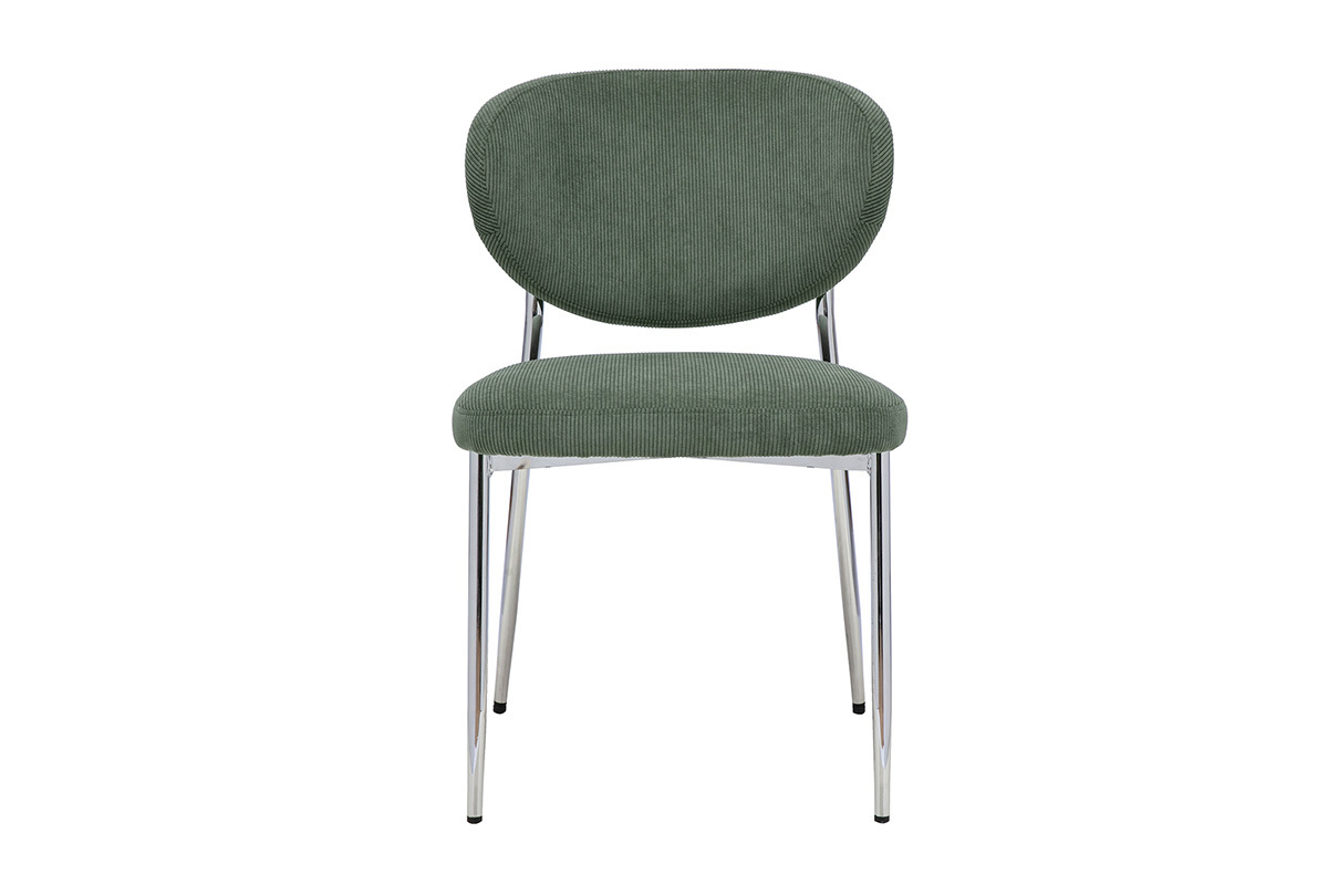 Silla de tela de terciopelo acanalado verde caqui, vista frontal, base de metal cromado.
