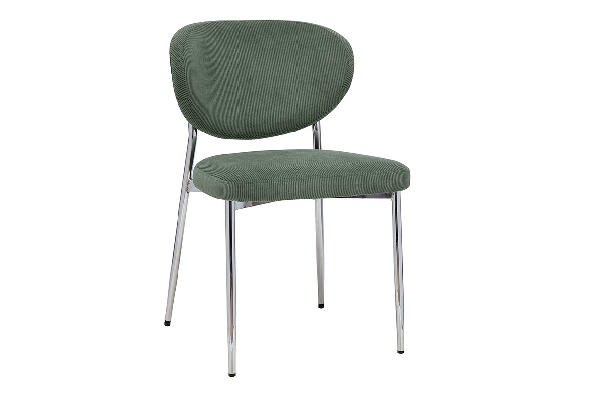 Silla de tela de pana verde caqui con base de metal cromado, vista en 3/4