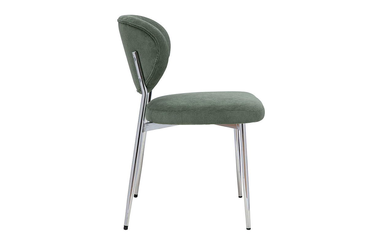 Silla de tela de pana verde caqui, perfil izquierdo, con estructura de metal cromado.