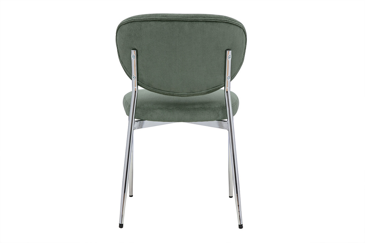 Vista trasera de las sillas en tejido de terciopelo de pana verde caqui y metal cromado BREKA.