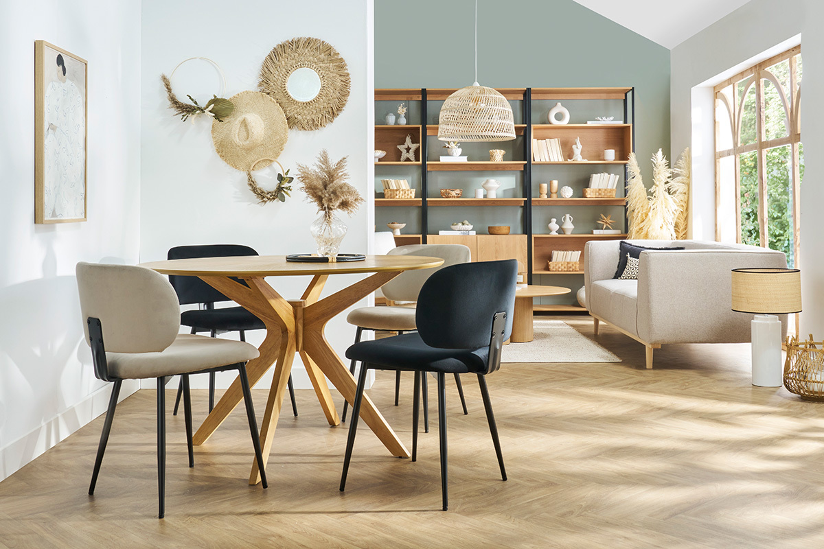 Sillas de tela de terciopelo texturizado beige y metal negro (juego de 2) ATRIUM