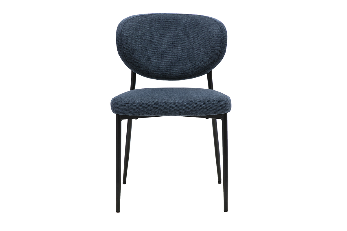 Silla BREKA en tejido de terciopelo azul oscuro con patas de metal negro, vista frontal.