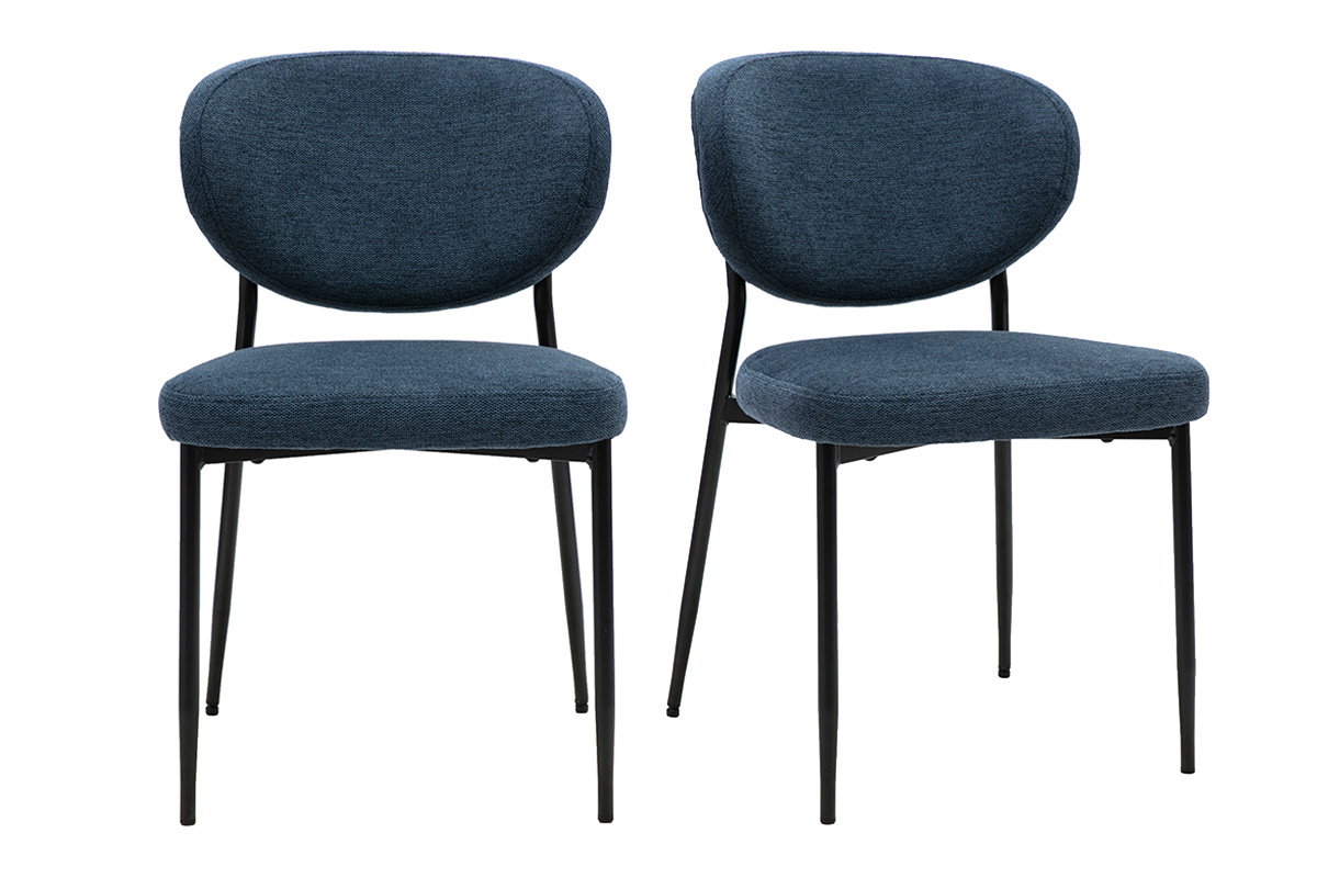 Juego de 2 sillas BREKA en tejido azul oscuro con base de metal negro, vista frontal