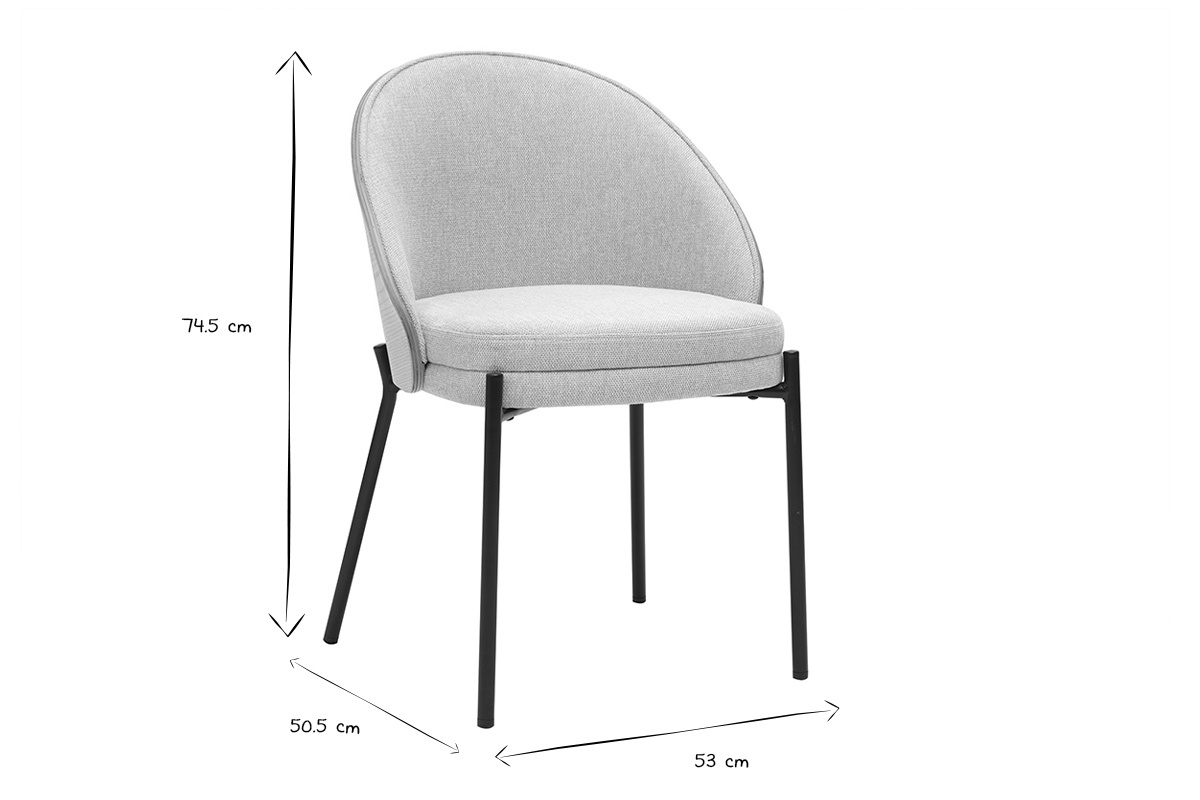 Dimensiones de una silla TUCSON en negro y blanco: altura 74,5 cm, profundidad 50,5 cm, ancho 53 cm.