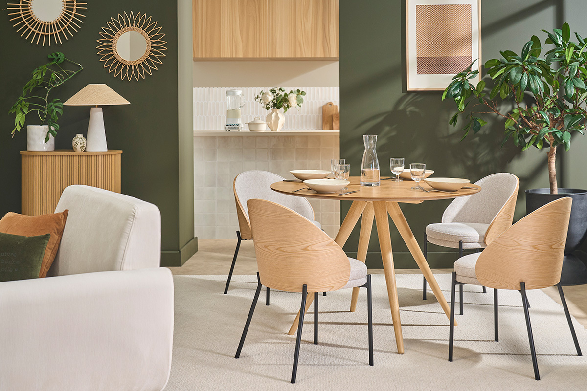 Sillas de tela efecto terciopelo texturizado beige, madera clara y metal (juego de 2) TUCSON