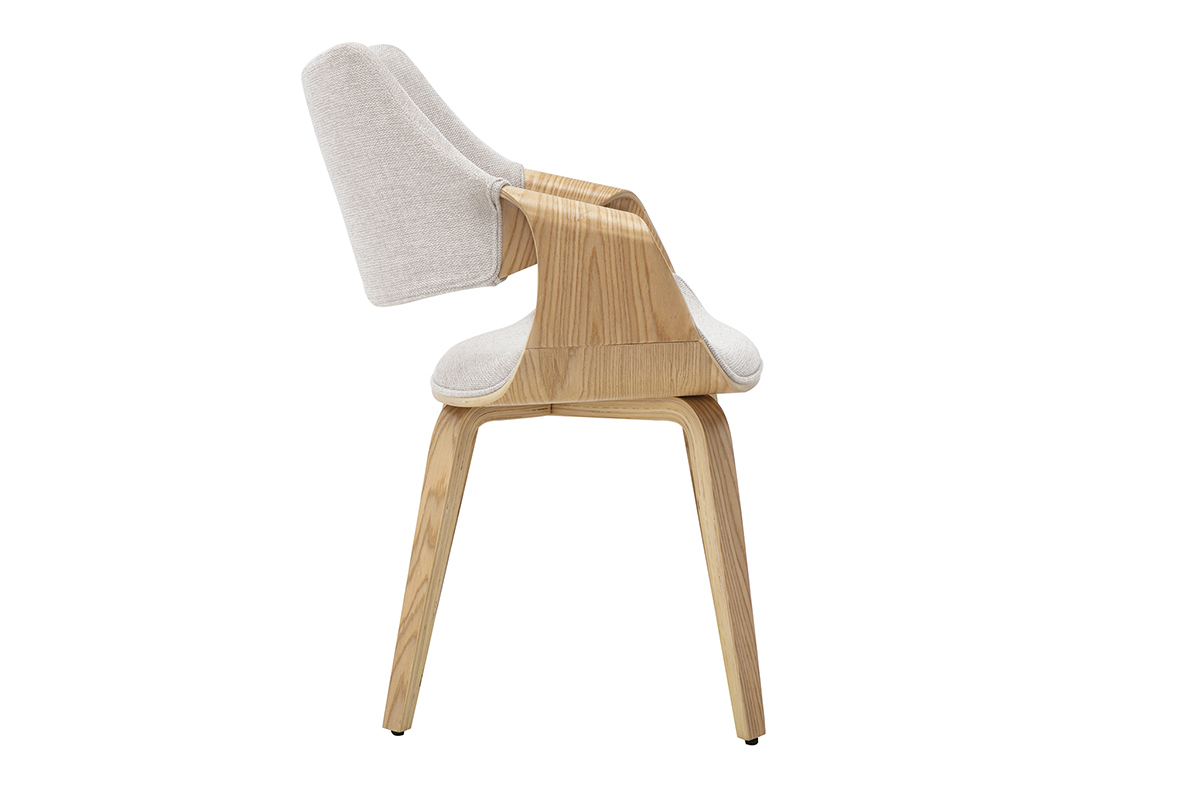 Silla SEVAN en tejido efecto terciopelo beige con estructura de madera clara, vista de perfil.