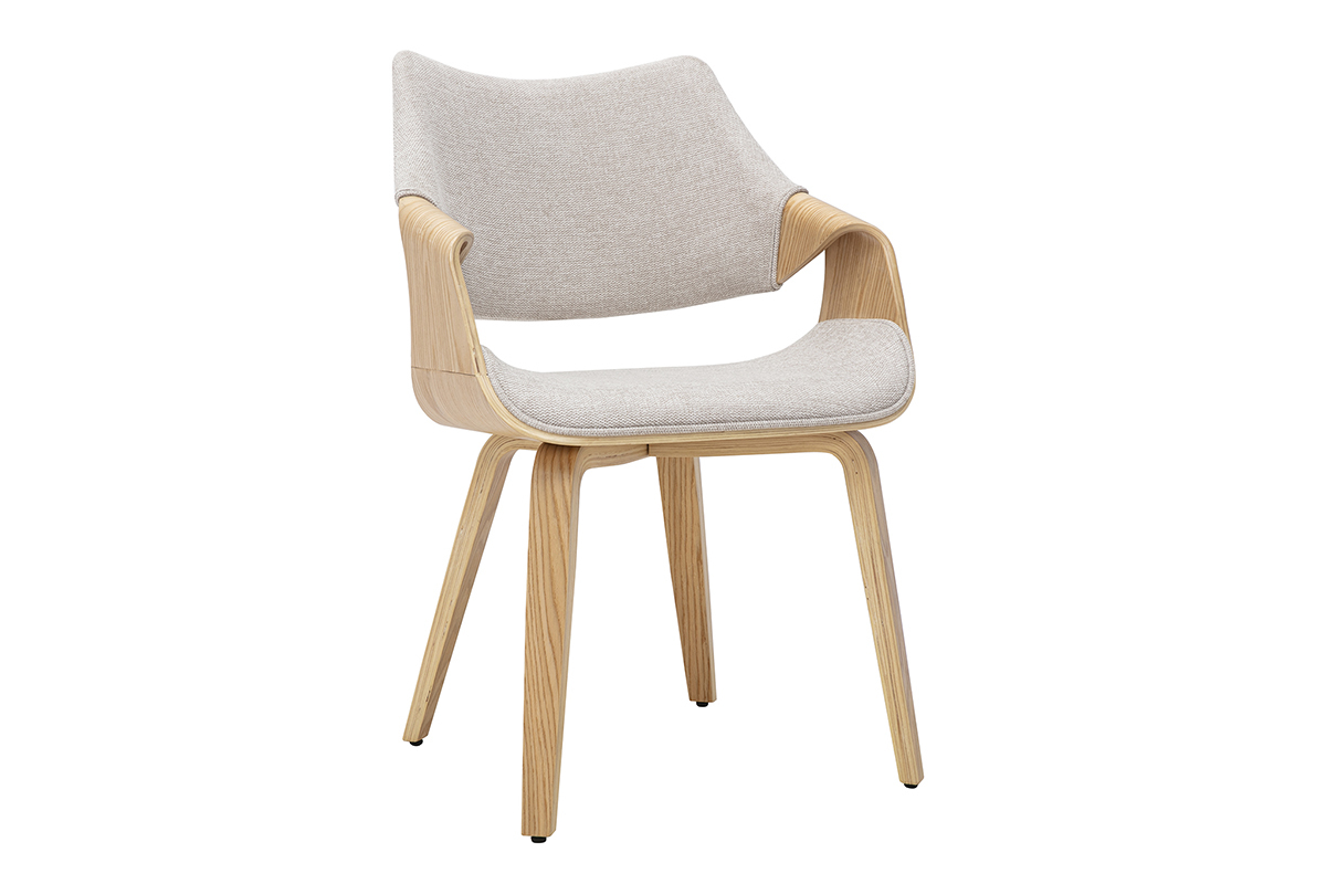 Silla SEVAN en tejido beige efecto terciopelo y madera clara, vista en 3/4