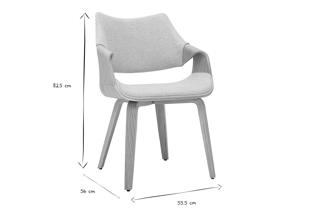 Dimensiones de la silla SEVAN en blanco y negro: H82,5 cm, P56 cm, L55,5 cm.