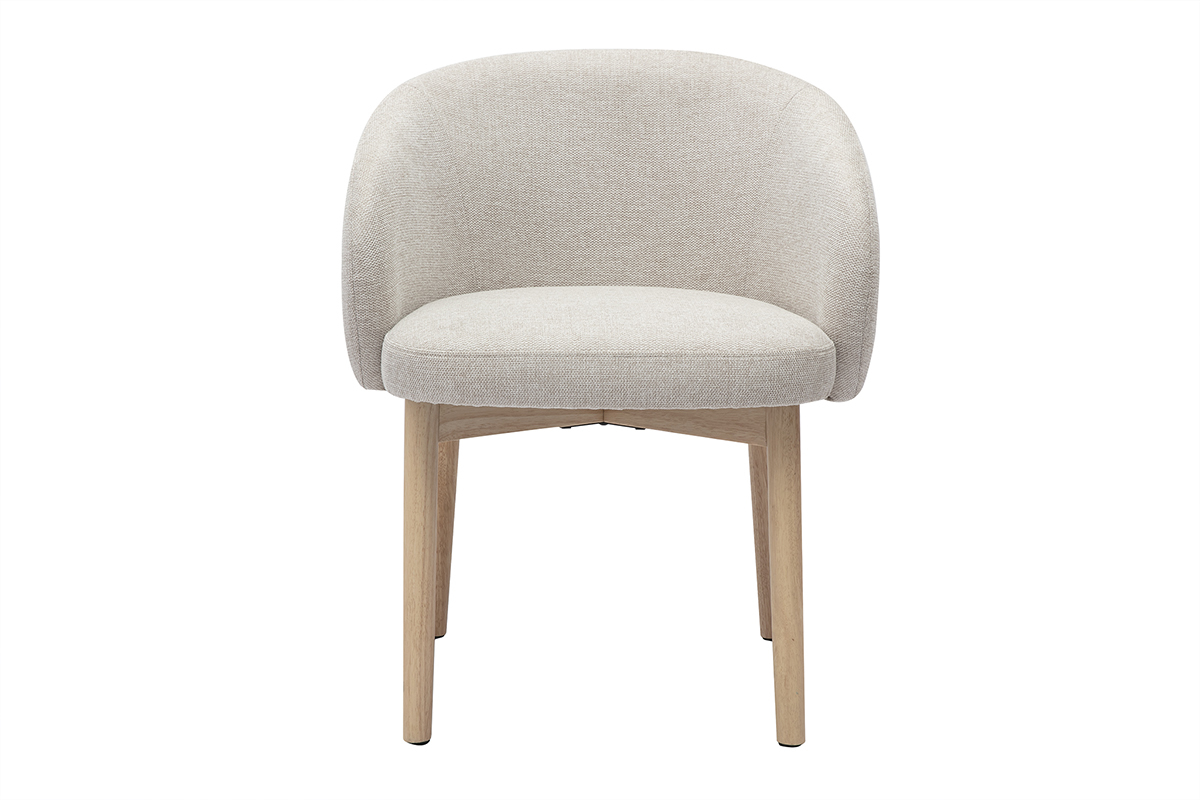 Silla TORVI de tela de terciopelo texturizado beige con patas de madera clara, vista frontal.