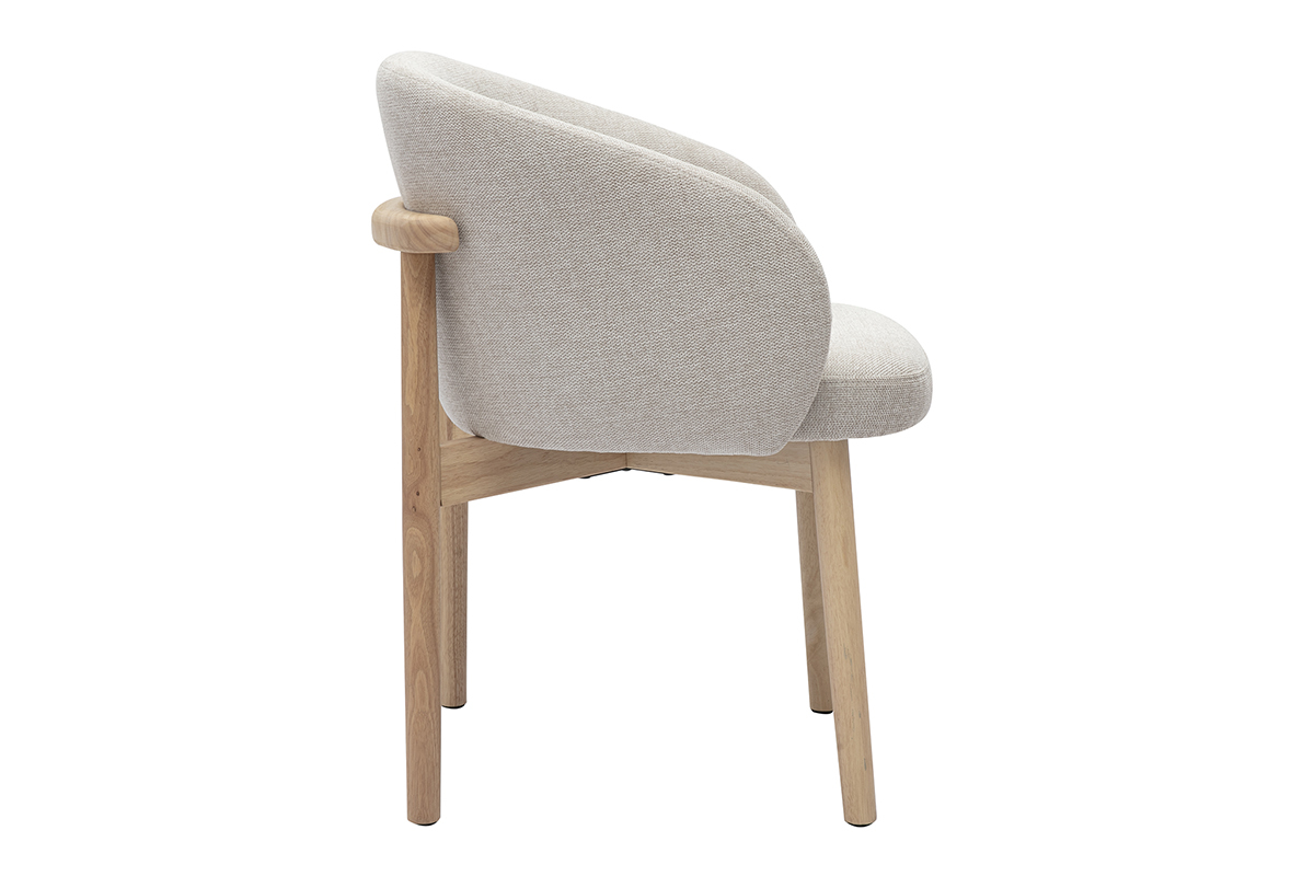 Silla TORVI de tela beige texturizada, vista de perfil, con patas de madera clara.