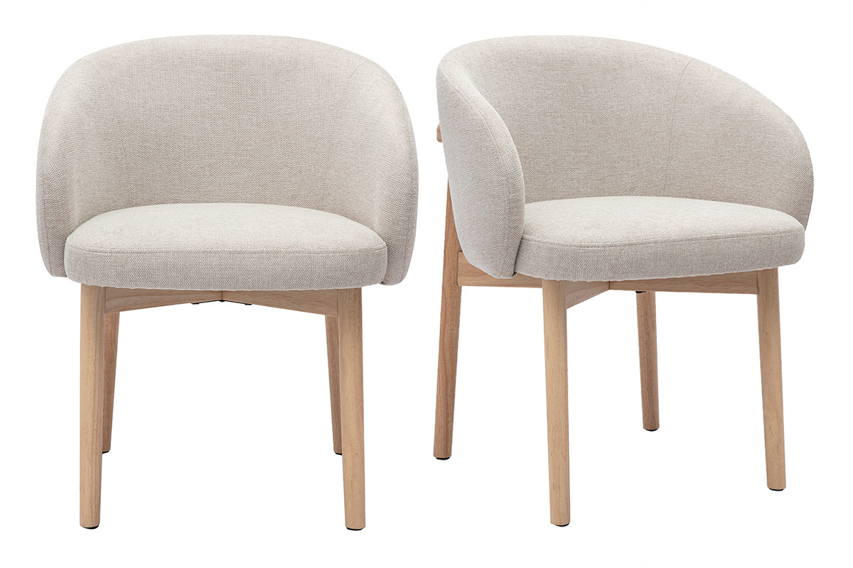 Juego de 2 sillas TORVI en tejido beige con efecto terciopelo y madera clara, vista frontal.