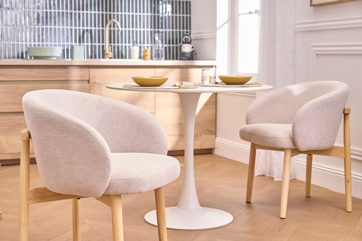 Sillas de tela efecto terciopelo texturizado beige y madera clara (lote de 2) TORVI
