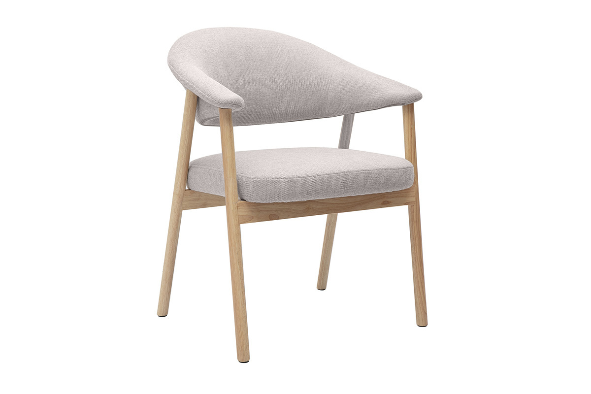 Silla de tela con efecto terciopelo texturizado color beige con estructura de madera clara, vista en 3/4.