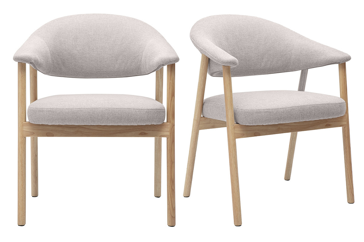 Juego de 2 sillas de tela beige con efecto terciopelo y estructura de madera clara, vista frontal.