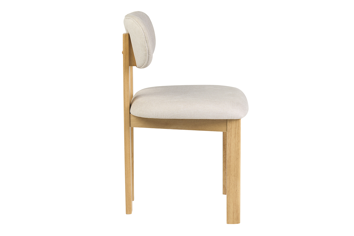 Silla de tela beige con efecto terciopelo y estructura de madera clara de fresno, vista de perfil.