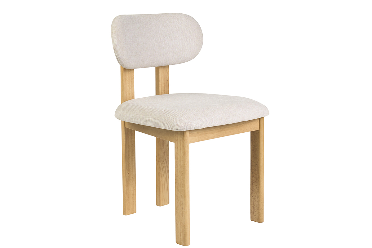 Silla de tela beige con efecto terciopelo y madera clara de fresno, vista en 3/4