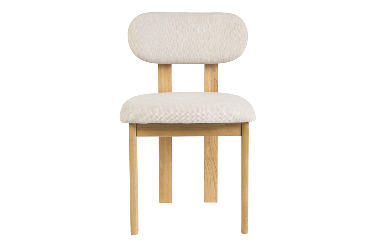 Silla NORMI en tejido beige con respaldo redondeado, vista frontal, madera clara de fresno.