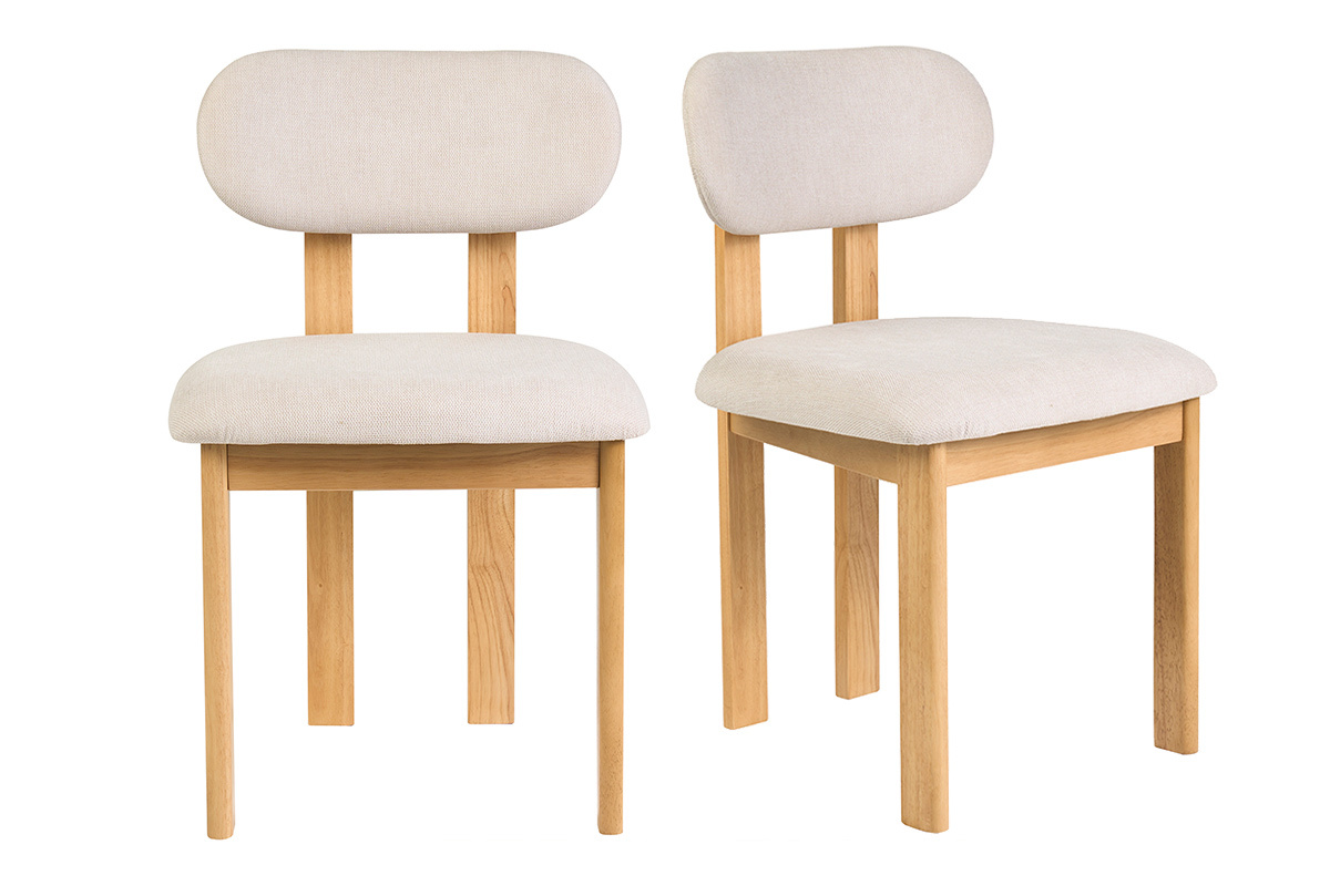 Sillas de tejido beige y madera clara de fresno, vista frontal, juego de 2.