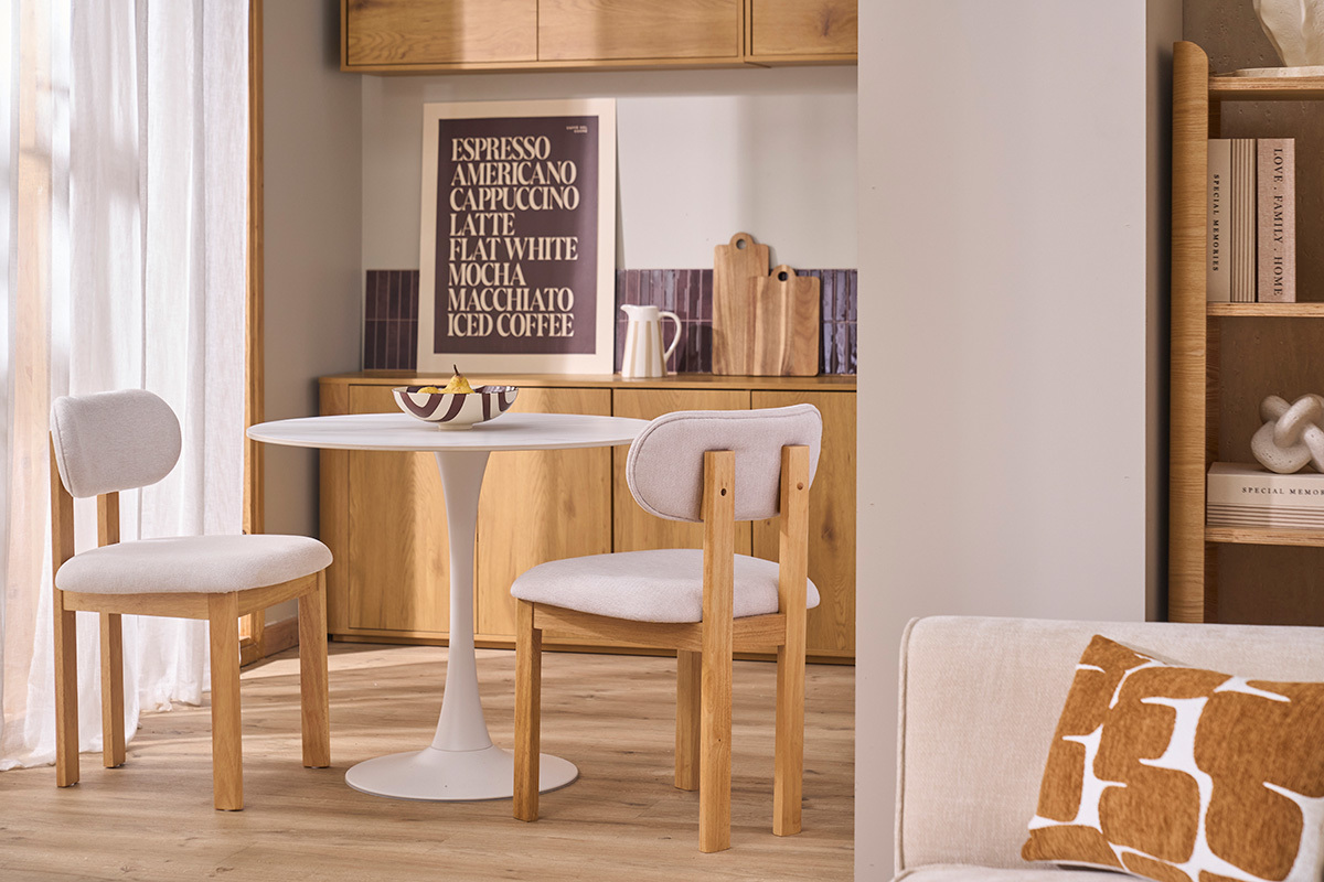 Sillas de tela efecto terciopelo texturizado beige y madera clara de fresno (lote de 2) NORMI